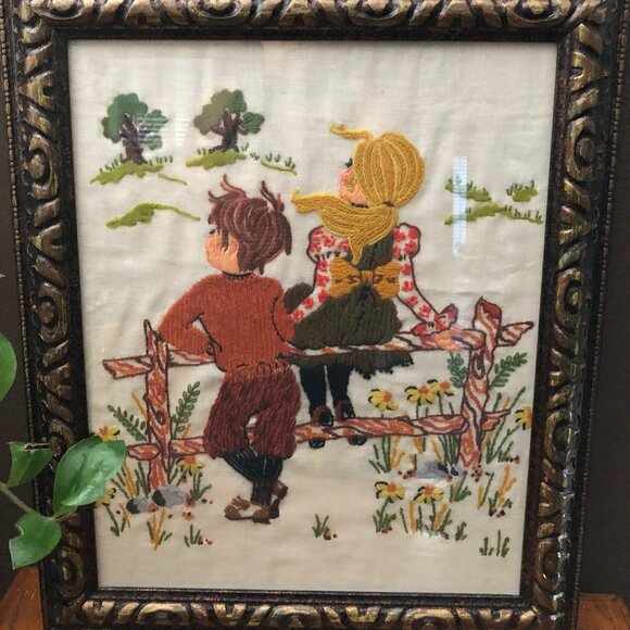 Vintage Crewel Needlepoint Boy and Girl Relaxing in Nature - Picture 2 of 5